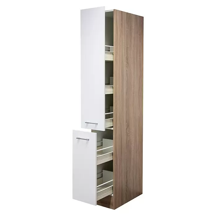 Flex-Well Samoa Apotheker-Hochschrank Samoa - B x T x H: 30 x 57 x 200 cm, Weiß - Hoher Küchenschrank mit heller Holzmaserung und zwei geöffneten weißen Türen, die ausziehbare Vorratskörbe zeigen.