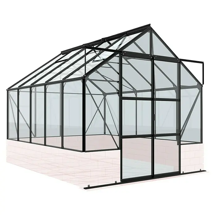 Vitavia Gewächshaus Cassandra 8300 - Außenmaß inkl. Dachüberstand (B x T): 257 x 323 cm, 3 mm, Schwarz - Ein geräumiges Gewächshaus mit schwarzem Rahmen und transparenten Scheiben, ideal für den Gartenanbau. Perfekt für Pflanzenliebhaber!