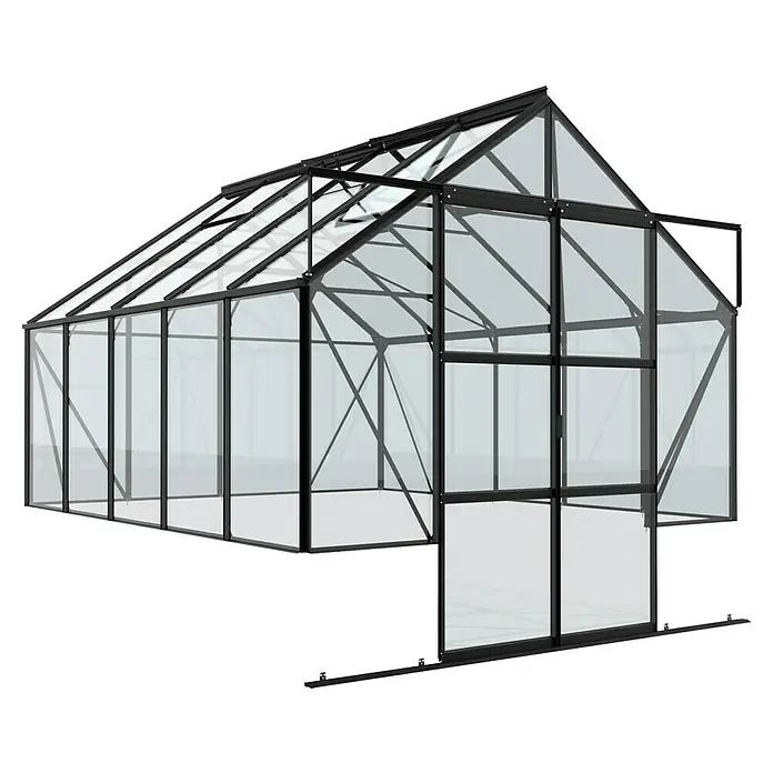 Vitavia Gewächshaus Cassandra 8300 - Außenmaß inkl. Dachüberstand (B x T): 257 x 323 cm, 3 mm, Schwarz - Ein geräumiges Gewächshaus mit stabilem, schwarzem Rahmen und klaren Glaspaneelen für optimale Pflanzenzuchtbedingungen.