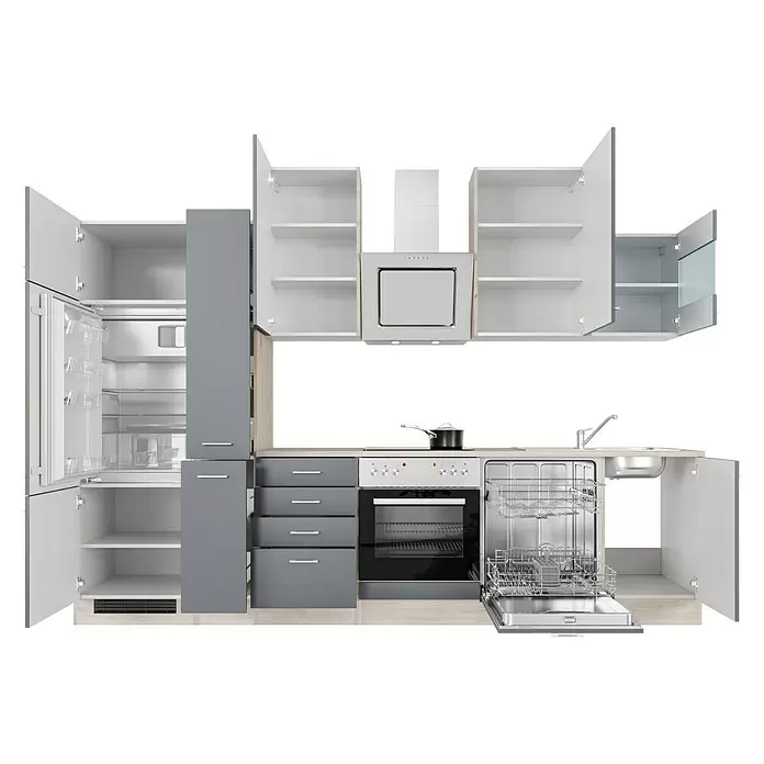 Flex-Well Tiago Küchenzeile Typ 2 - Breite: 310 cm, Grau, Mit Elektrogeräten - Moderne Modulküche in Weiß und Grau mit heller Holzoptik-Arbeitsplatte, mit offenen Schränken, Kühlschrank, Geschirrspüler, Backofen, Spüle und Dunstabzugshaube.