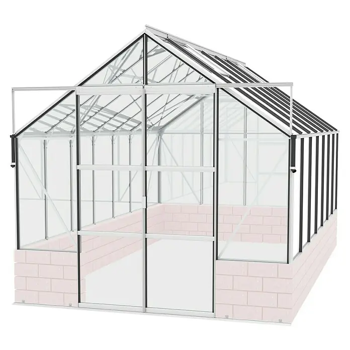 Vitavia Gewächshaus Cassandra 11500 Plus - Außenmaß inkl. Dachüberstand (B x T): 257 x 448 cm, 3 mm, Aluminium - Abbildung eines Gewächshauses mit klaren Glasscheiben und einem stabilen Rahmen, ideal für den Garten.