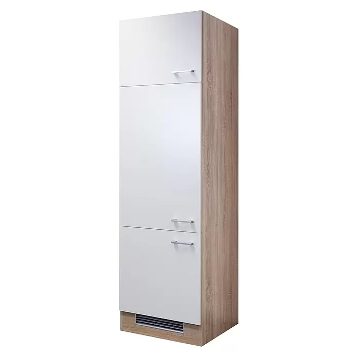 Flex-Well Samoa Geräteumbauschrank Samoa - B x T x H: 60 x 57 x 200 cm, Weiß - Moderner Hochschrank mit weißen Türen, heller Holzseitenwand, silbernen Griffen und Lüftungsgitter unten.