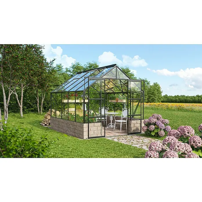 Vitavia Gewächshaus Cassandra 8300 - Außenmaß inkl. Dachüberstand (B x T): 257 x 323 cm, 3 mm, Schwarz - Geräumiges Gewächshaus im Garten mit Tisch und Stühlen. Perfekt für Pflanzenliebhaber und Gartenfreunde. Das Gewächshaus bietet Schutz und Wärme.