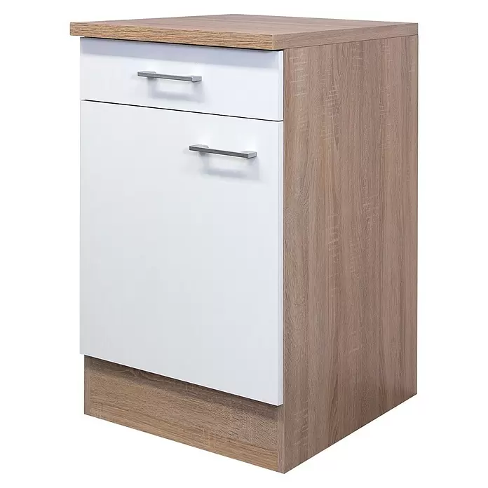 Flex-Well Samoa Küchen-Unterschrank Samoa - B x T x H: 50 x 60 x 85 cm, Weiß - Weißer und holzfarbener Schrank mit einer Schublade, einer Tür und silbernen Griffen.