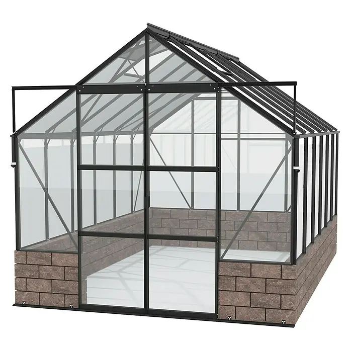Vitavia Gewächshaus Cassandra 9900 Plus - Außenmaß inkl. Dachüberstand (B x T): 257 x 385 cm, 3 mm, Schwarz/ Herbstlaub - Abbildung eines Gewächshauses mit Glaswänden und schwarzem Rahmen auf einer Mauerbasis.