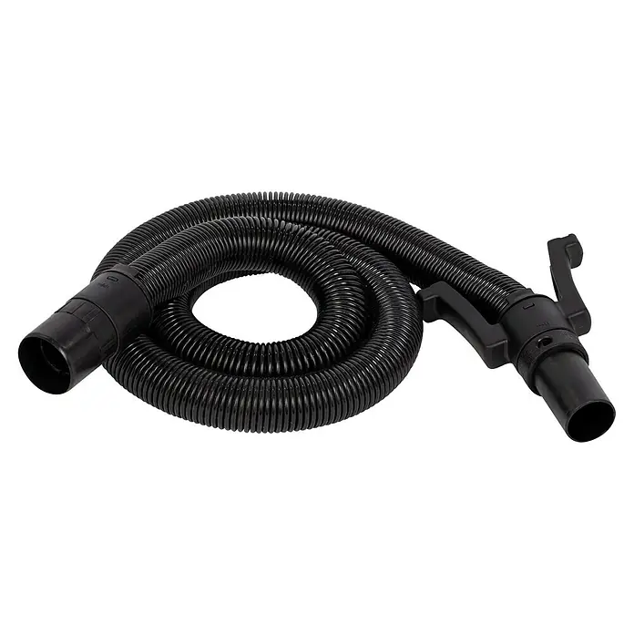 PowerPlus Lijadora de pared y techo POWX04761 - 710 W, Diámetro disco de lija: 225 mm - Esta imagen muestra una manguera de aspiradora negra, enrollada en espiral, con conectores en ambos extremos para aspiradora y accesorios.