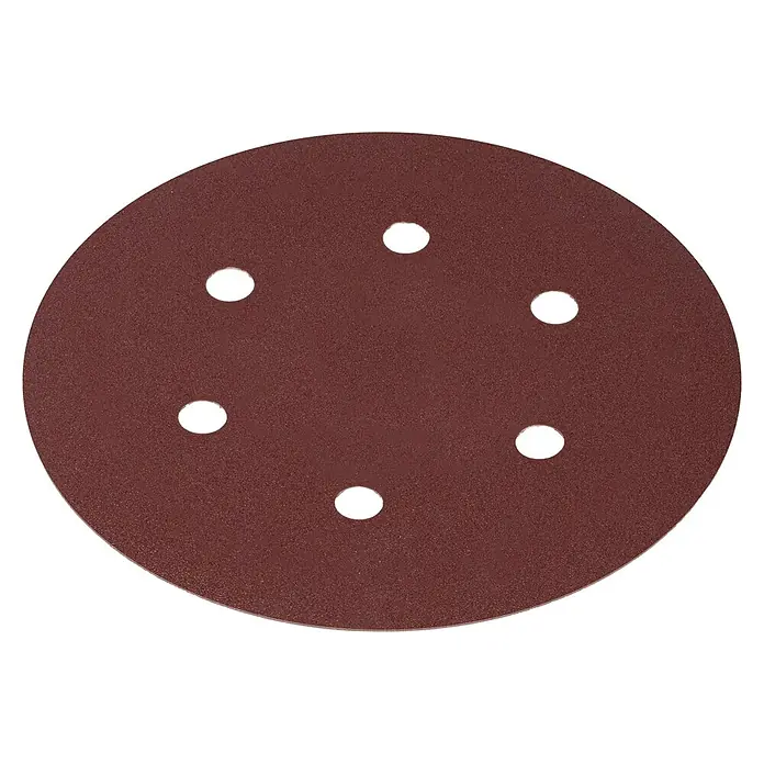 PowerPlus Lijadora de pared y techo POWX04761 - 710 W, Diámetro disco de lija: 225 mm - Imagen de un disco de lija para lijadoras rotoorbitales, con agujeros para la extracción de polvo. Es de color marrón rojizo sobre fondo negro.