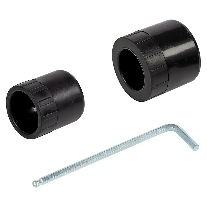 PowerPlus Lijadora de pared y techo POWX04761 - 710 W, Diámetro disco de lija: 225 mm - Esta imagen muestra dos manguitos negros y una llave Allen. Los manguitos son de plástico y tienen extremos estriados.