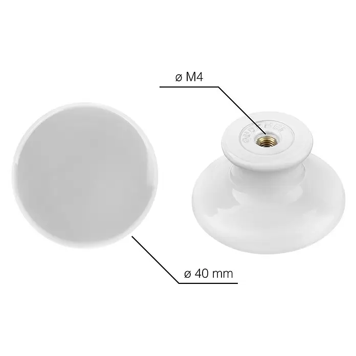 Walteco Möbelknopf Seol - Durchmesser: 40 mm, Kunststoff, Weiß - Weißer Keramikknauf, 40 mm Durchmesser, mit M4-Gewindeeinsatz.