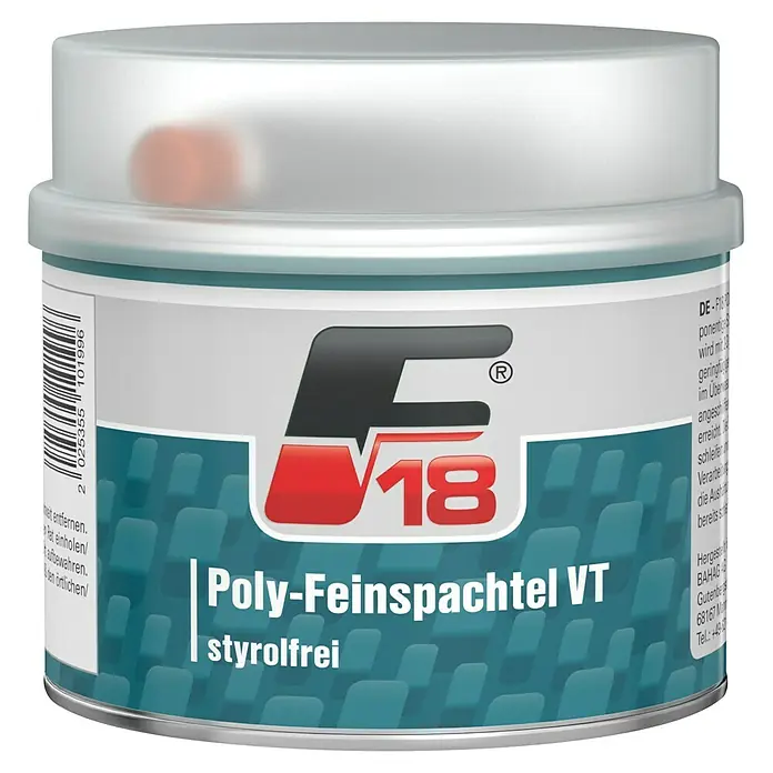 F18 Poly-Feinspachtel - 1 kg, Weiß - Dose Poly-Feinspachtel VT, styrolfrei, mit grauem Deckel und blau-grünem Etikett mit Produktinformationen und Herstellerlogo.
