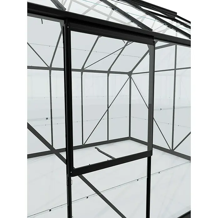 Vitavia Gewächshaus Cassandra 9900 Plus - Außenmaß inkl. Dachüberstand (B x T): 257 x 385 cm, 3 mm, Schwarz - Ein Detailaufnahme eines Gewächshauses mit schwarzem Rahmen, das seine robuste Bauweise und klaren Linien betont. Perfekt für Gartenliebhaber.