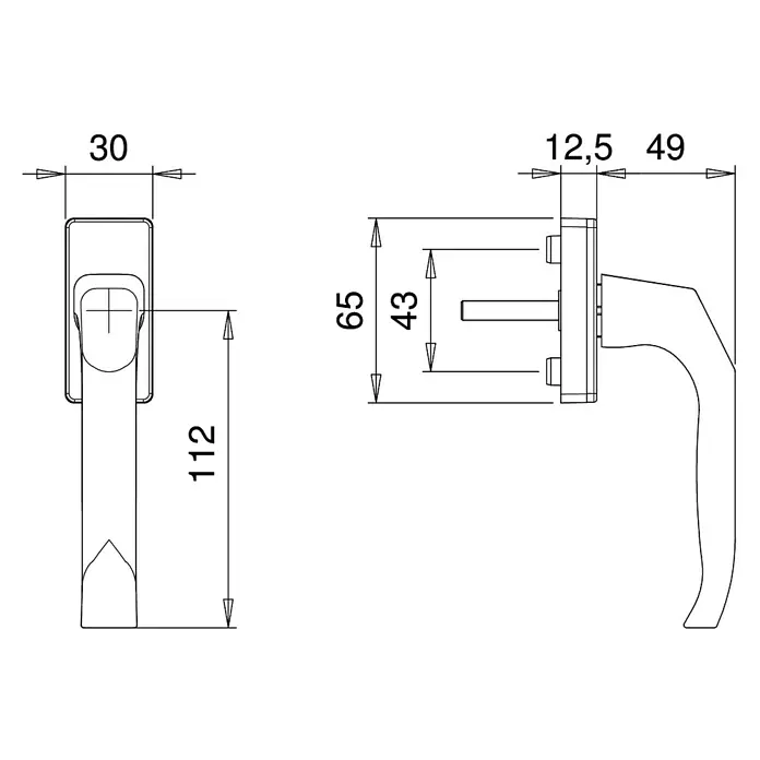 Portaferm Fenstergriff - Vierkantstift: 7 mm, Universell einsetzbar, Weiß - Abbildung eines Türgriffs mit detaillierten Maßangaben. Die Zeichnung zeigt präzise Abmessungen für Installation und Design des Türgriffs.