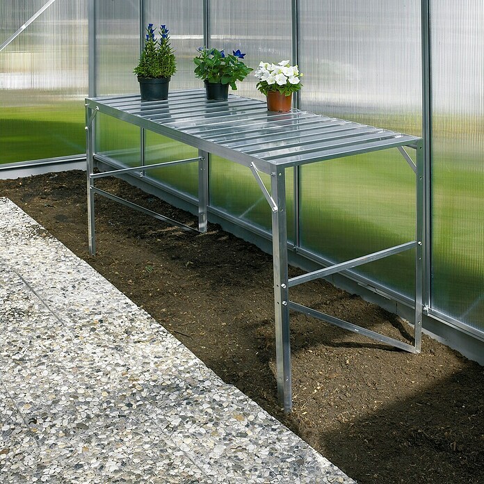 Vitavia Gewächshaus (3,85 x 2,57 x 2,49 m, Farbe: Aluminium, Sockelmauer, Farbe Stein: Sandstein, Einscheibensicherheitsglas (ESG))