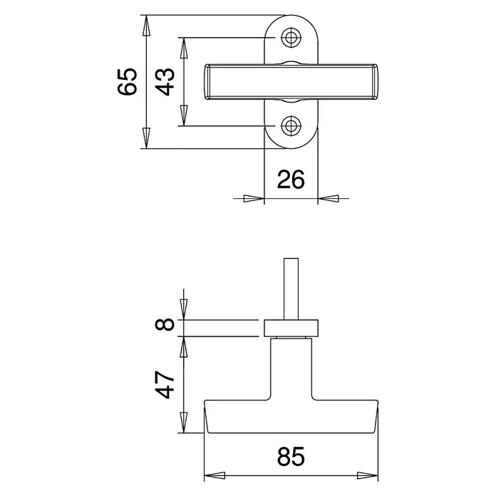 Portaferm Fenstergriff - Vierkantstift: 7 mm, Silber, Universell einsetzbar, Form Drücker: Ganzolive - Schemazeichnung eines Fenstergriffs mit Maßangaben. Das Produkt ist in der Darstellung detailliert und präzise beschrieben.
