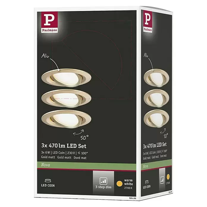 Paulmann Nova LED-Einbauleuchten-Set - 6,5 W, 3 Stk., Warmweiß, 8,4 cm, Gold - Paulmann Set aus drei goldmatten Alu-LED-Einbaustrahlern, 3-Stufen dimmbar, warmweiß 2700K Licht, 50° schwenkbar.