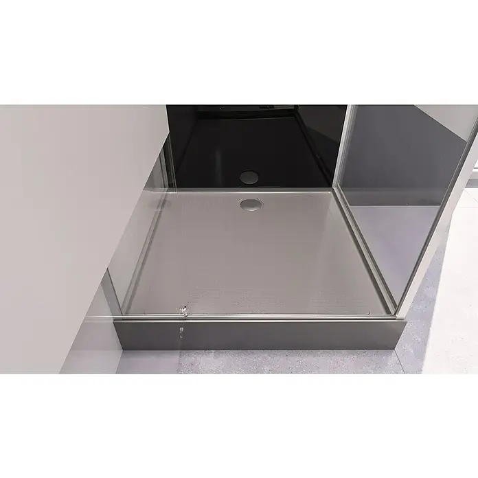Aurlane Komplettdusche Study 90 - 90 x 90 x 225 cm, Schwarz/Grau/Silber - Moderne Dusche mit einer grauen Duschwanne und klaren Glastüren, die ein minimalistisches und helles Badezimmerdesign zeigen.