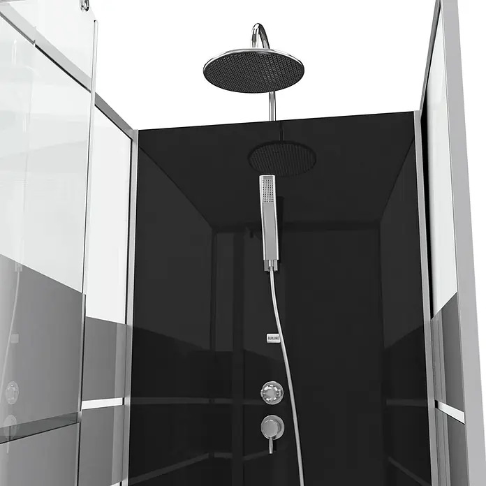 Aurlane Komplettdusche Study 90 - 90 x 90 x 225 cm, Schwarz/Grau/Silber - Nahaufnahme einer modernen Duschkabine mit Regendusche und Handbrause. Das elegante Design zeichnet sich durch schwarze Paneele und Glasakzente aus.