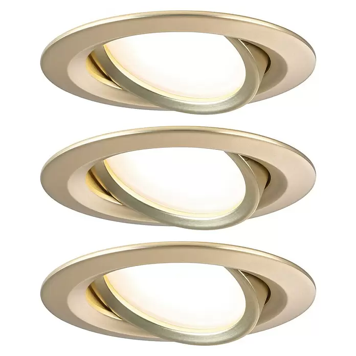 Paulmann Nova LED-Einbauleuchten-Set - 6,5 W, 3 Stk., Warmweiß, Durchmesser: 8,4 cm, Gold - Drei verstellbare Einbaustrahler aus gebürstetem Metall mit warmweißem Licht.