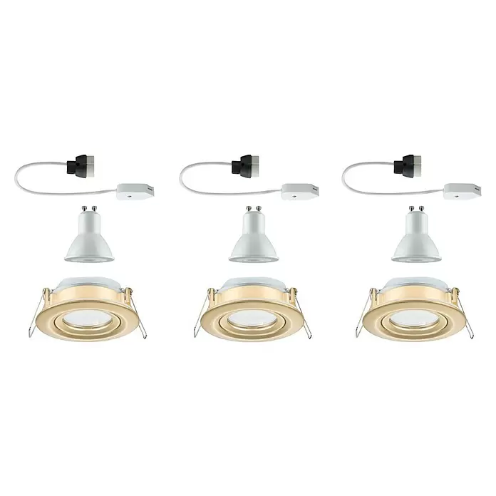 Paulmann Nova LED-Einbauleuchten-Set Coin - 7 W, Warmweiß, IP65, 3 Stk., Gold matt - Drei Sets messingfarbener Einbaustrahler mit weißen GU10-Leuchtmitteln und Anschlusskabeln.