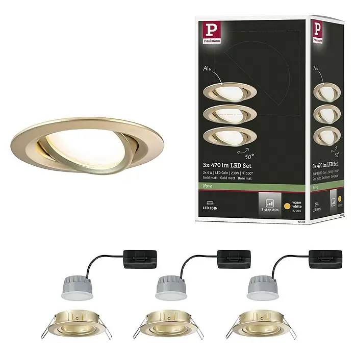 Paulmann Nova LED-Einbauleuchten-Set - 6,5 W, 3 Stk., Warmweiß, 8,4 cm, Gold - Set aus drei goldmatten LED-Einbaustrahlern mit dimmbarem warmweißem Licht, dargestellt mit Einzelteilen und Verpackung.