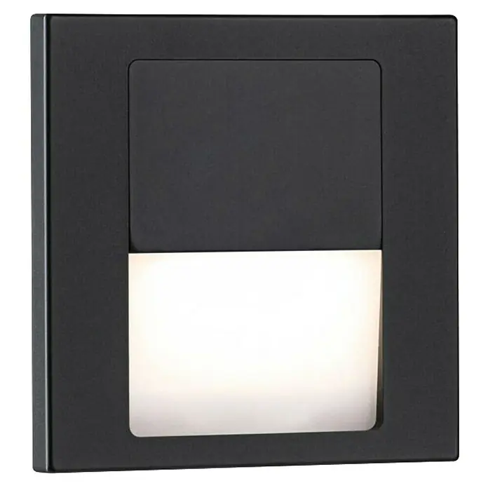Paulmann LED-Wandleuchte Tsaro Follower - 1 W, L x B x H: 3,6 x 8 x 8 cm, Scharz matt, Warmweiß - Nahaufnahme einer schwarzen quadratischen LED-Wandleuchte, die warmes, diffuses Licht ausstrahlt und ein elegantes, modernes Design zeigt.