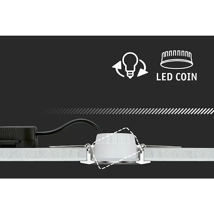 Paulmann Nova LED-Einbauleuchten-Set rund Coin - 3 W, Weiß matt, 3 Stk., Warmweiß - Detailaufnahme einer LED-Einbauleuchte, die in einer Decke installiert ist, mit Symbolen für Austauschbarkeit und LED-Technologie.