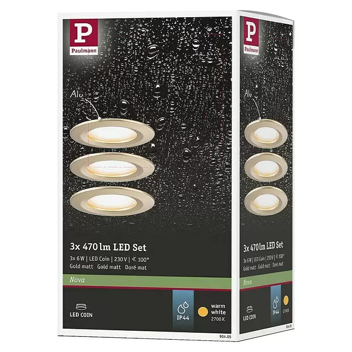 Paulmann Nova LED-Einbauleuchten-Set - 6,5 W, 3 Stk., Warmweiß, Durchmesser: 7,8 cm, Gold - Paulmann Nova 3er LED Coin Einbaustrahler Set, mattgold, warmweiß 2700K, IP44.