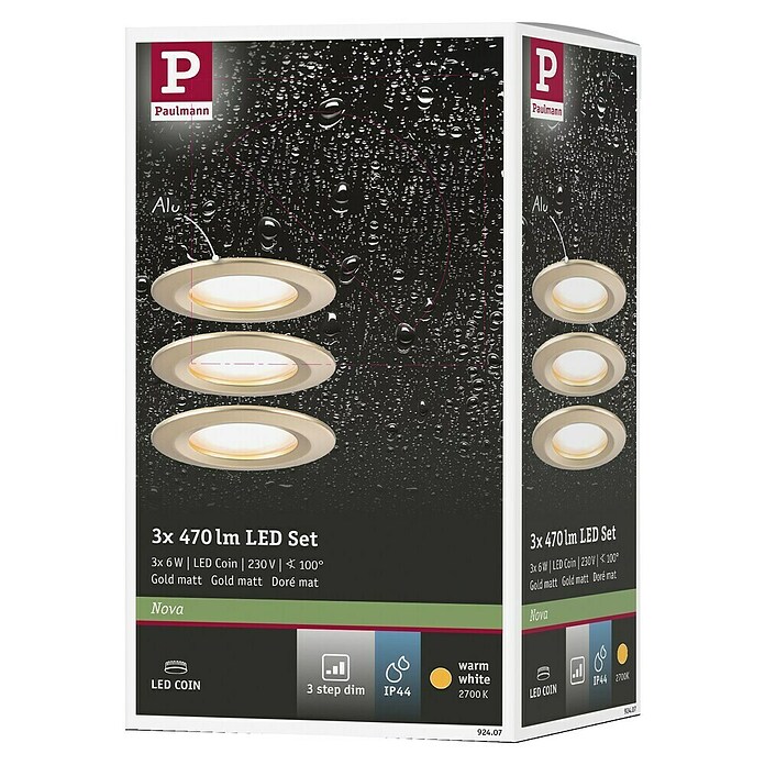 Paulmann Nova Set de focos LED empotrables redondos Coin 3-Stepdim (3 W, Oro, 3 ud., Blanco cálido) | BAUHAUS