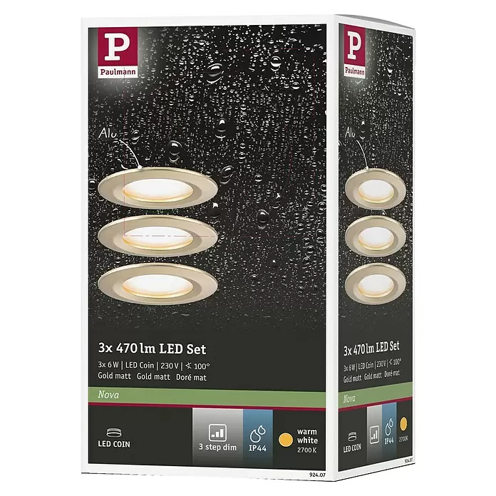 Paulmann Nova LED-Einbauleuchten-Set rund Coin - 3 W, Gold, 3 Stk., Warmweiß - Set aus drei goldmatten Paulmann Nova LED-Einbaustrahlern mit 3-Stufen-Dimmung.