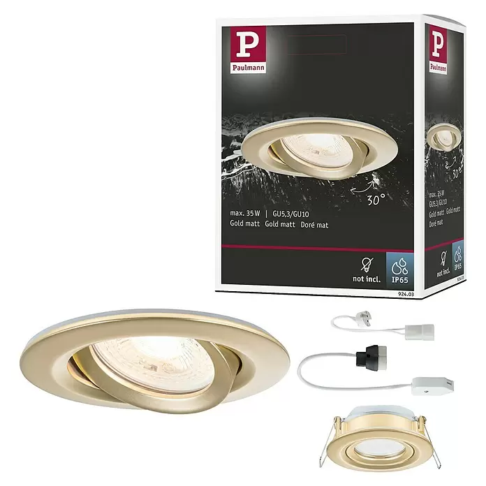 Paulmann Nova LED-Einbauleuchte rund Plus - 6,5 W, Ø x H: 9,3 x 4,5 cm, Gold - Mattgoldener Paulmann Einbaustrahler, präsentiert mit Verpackung und Verkabelung.