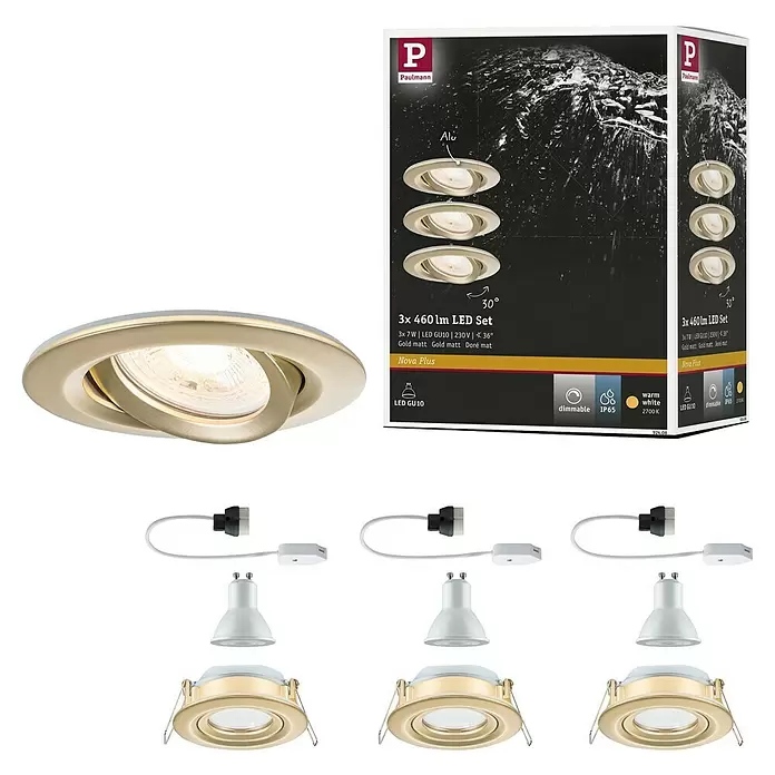 Paulmann Nova LED-Einbauleuchten-Set Coin - 7 W, Warmweiß, IP65, 3 Stk., Gold matt - Paulmann LED Einbaustrahler Set: drei gold-matte, verstellbare Spots mit GU10-Leuchtmitteln und Verkabelung. Dimmbar, IP65, warmweiß 2700K.