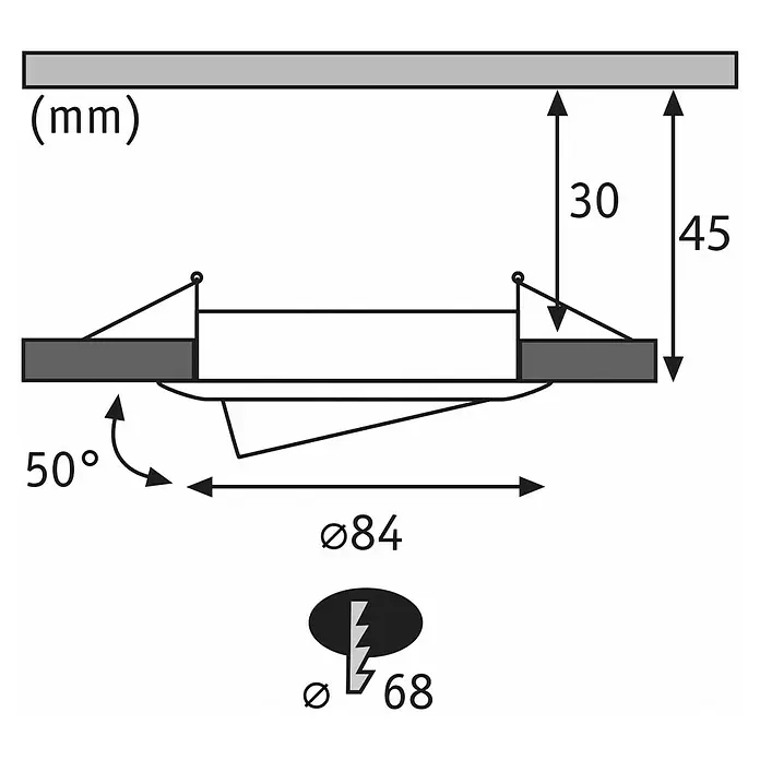 Paulmann Nova LED-Einbauleuchten-Set - 6,5 W, 3 Stk., Warmweiß, Durchmesser: 8,4 cm, Gold - Diagramm einer Einbauleuchte mit 68mm Lochausschnitt, 45mm Einbautiefe, 84mm Außendurchmesser und 50° Abstrahlwinkel.