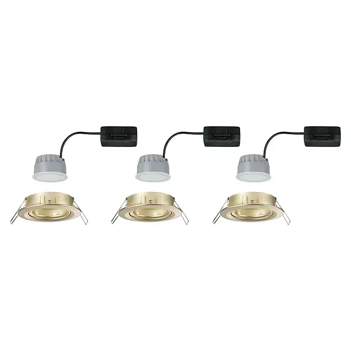 Paulmann Nova LED-Einbauleuchten-Set - 6,5 W, 3 Stk., Warmweiß, 8,4 cm, Gold - Drei Sets Einbau-LED-Downlights: hellgraues LED-Modul mit weißem Diffusor, schwarzem Treiber und goldfarbenem Rahmen.
