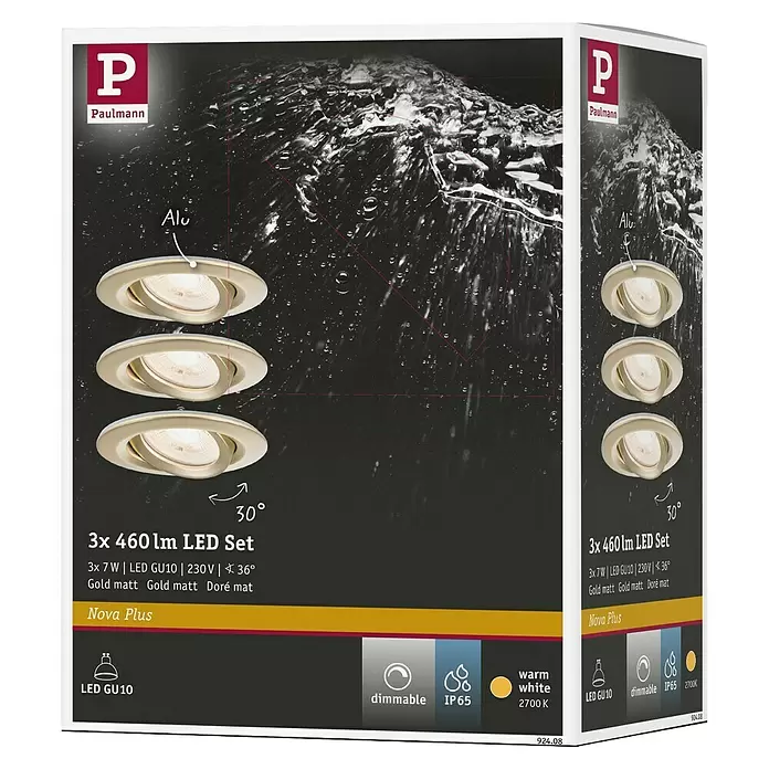 Paulmann Nova Set de focos LED empotrables Nova Coin - 7 W, Blanco cálido, IP65, 3 ud., Oro - Juego de tres focos LED empotrables de aluminio dorado mate. Regulables, IP65, luz blanca cálida 2700K.
