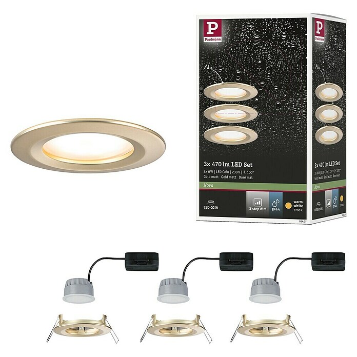 Paulmann Nova Set de focos LED empotrables redondos Coin 3-Stepdim (3 W, Oro, 3 ud., Blanco cálido) | BAUHAUS