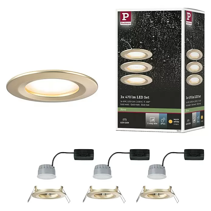 Paulmann Nova LED-Einbauleuchten-Set rund Coin - 3 W, Gold, 3 Stk., Warmweiß - Set aus drei matten goldenen LED-Einbaustrahlern mit warmweißem Licht, montiert und demontiert mit Verpackung dargestellt.