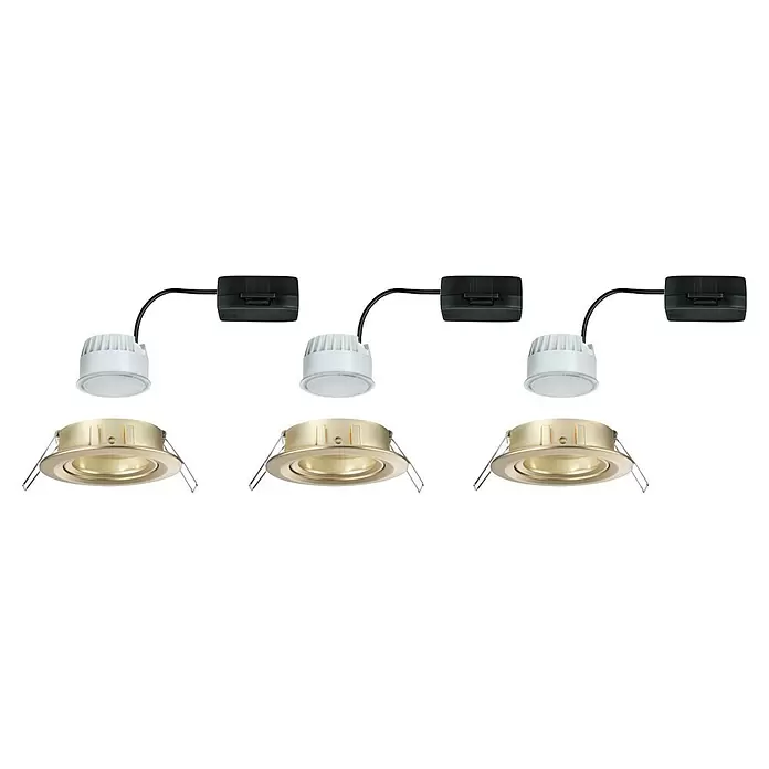 Paulmann Nova LED-Einbauleuchten-Set - 6,5 W, 3 Stk., Warmweiß, Durchmesser: 8,4 cm, Gold - Weiße LED-Einbaustrahler mit schwarzen Treibern und goldfarbenen Einbaurahmen.