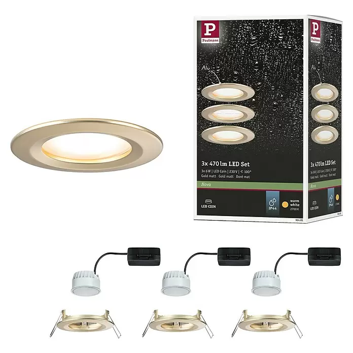 Paulmann Nova LED-Einbauleuchten-Set - 6,5 W, 3 Stk., Warmweiß, Durchmesser: 7,8 cm, Gold - Set aus goldmatten Einbau-LED-Strahlern mit LED-Münzen, Anschlusskästen und Produktverpackung.