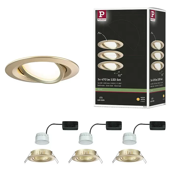 Paulmann Nova LED-Einbauleuchten-Set - 6,5 W, 3 Stk., Warmweiß, Durchmesser: 8,4 cm, Gold - Drei mattgoldene Paulmann LED-Einbaustrahler, LED-Coins und Netzteile, mit Verkaufsverpackung.