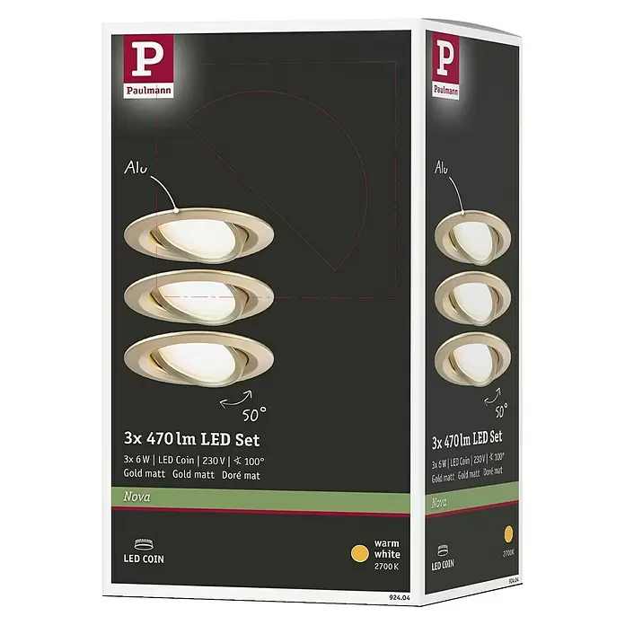 Paulmann Nova LED-Einbauleuchten-Set - 6,5 W, 3 Stk., Warmweiß, Durchmesser: 8,4 cm, Gold - Set aus 3 Paulmann Nova LED Einbaustrahlern, mattgold Aluminium, 50° schwenkbar, warmweiß 2700K.