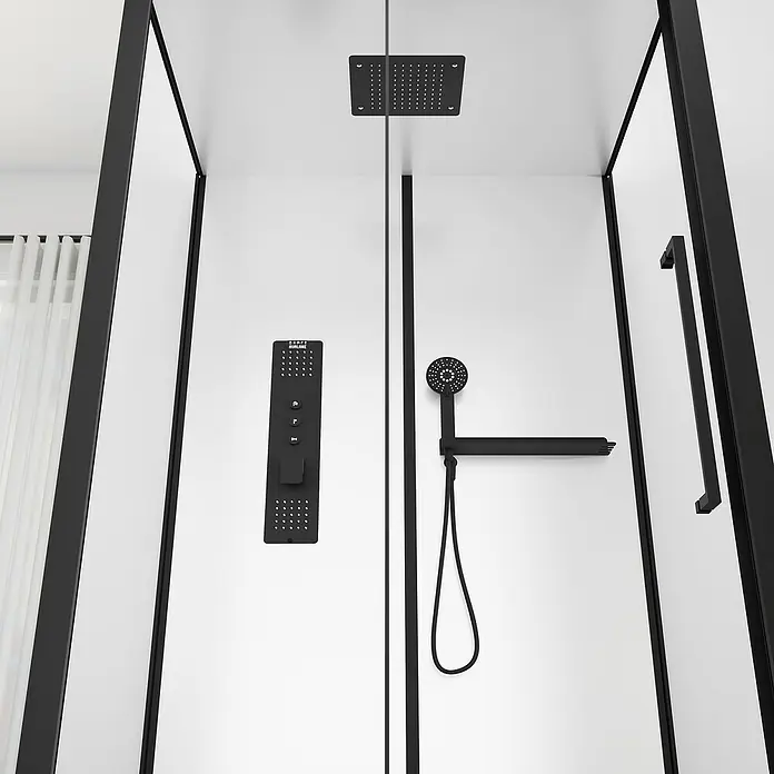Aurlane Komplettdusche Urban 2 Front - 90 x 115 x 215 cm, Weiß/Schwarz - Modernes schwarzes Duschsystem mit Kopf-, Handbrause und Bedienfeld in einer Duschkabine.