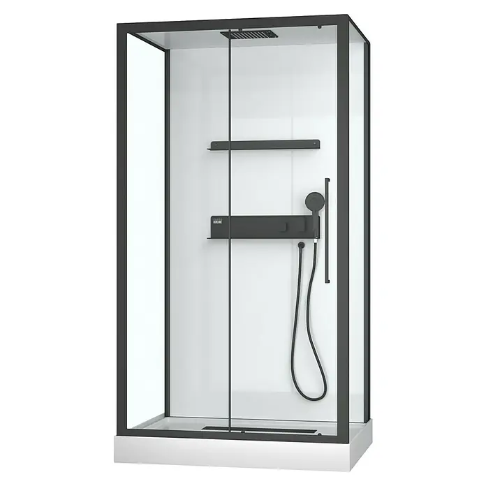 Aurlane Komplettdusche Phantom 3 - 90 x 115 x 217 cm, Weiß/Schwarz - Duschkabine mit schwarzem Rahmen, Regendusche und Handbrause. Perfekt für ein modernes Badezimmer.