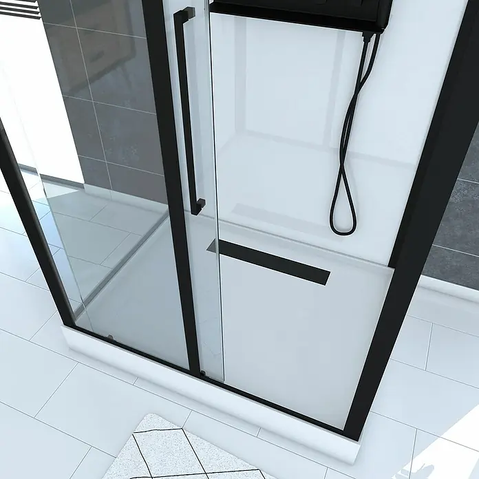 Aurlane Komplettdusche Phantom 3 - 90 x 115 x 217 cm, Weiß/Schwarz - Nahaufnahme einer modernen Duschkabine mit schwarzem Rahmen und klaren Glasschiebetüren, die ein stilvolles Badezimmerdesign zeigt.
