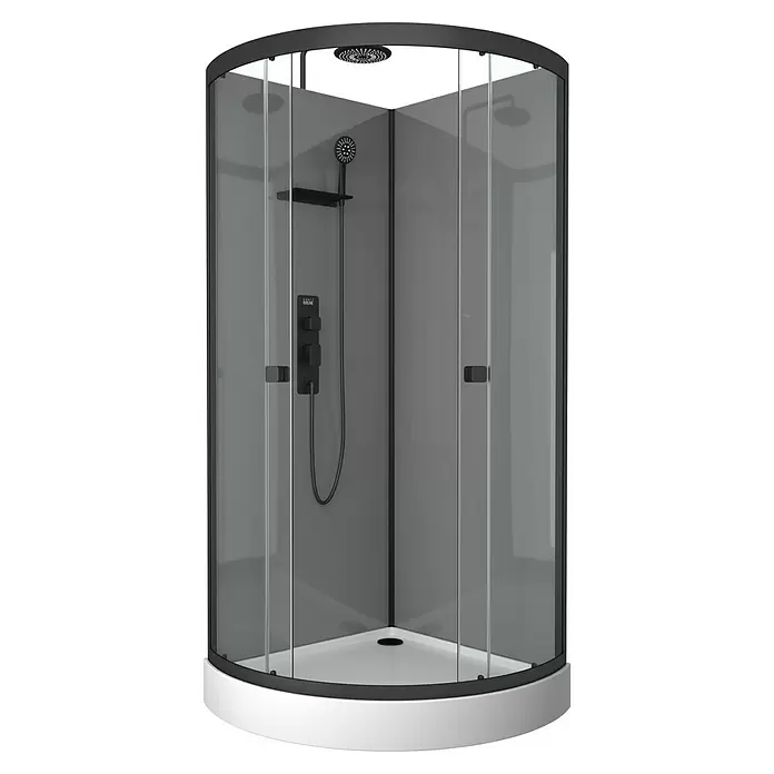 Aurlane Komplettdusche Grey Touch Round - 90 x 90 x 215 cm, Grau/Schwarz/Weiß - Gebogene Duschkabine mit schwarzem Rahmen, teils mattiertem Glas, schwarzem Duschsystem und weißer Duschwanne.