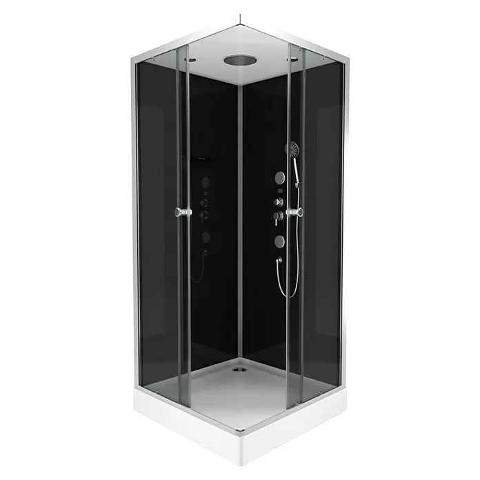 Aurlane Komplettdusche Black 2 Square - 90 x 90 x 215 cm, Weiß/Schwarz/Silber - Moderne Eckduschkabine mit schwarzen Rückwänden, Klarglastüren, weißer Basis und integriertem Duschsystem.