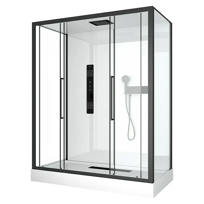 Aurlane Komplettdusche Urban 2 XXL - 85 x 160 x 217 cm, Weiß/Schwarz - Bild einer modernen Duschkabine mit schwarzem Rahmen und Glaswänden, die ein minimalistisches Design aufweist.