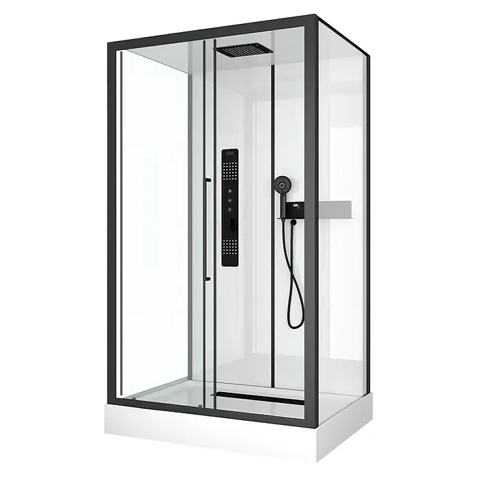 Aurlane Designdusche Urban 2 Front - 90 x 115 x 215 cm, Weiß/Schwarz - Bild einer Duschkabine mit schwarzem Rahmen, ausgestattet mit einer Handbrause und einem Bedienfeld.
