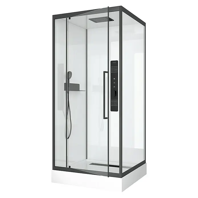 Aurlane Komplettdusche Urban 2 Square - 90 x 90 x 215 cm, Weiß/Schwarz - Eine moderne, schwarze Duschkabine mit klaren Glaswänden und einer multifunktionalen Duschsäule.