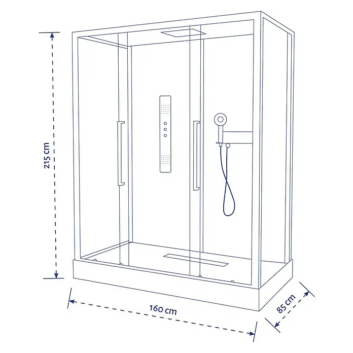 Aurlane Komplettdusche Urban 2 XXL - 85 x 160 x 217 cm, Weiß/Schwarz - Abbildung einer Duschkabine mit den Maßen 215 cm Höhe, 160 cm Länge und 85 cm Breite, ideal für jedes Badezimmerdesign.\n