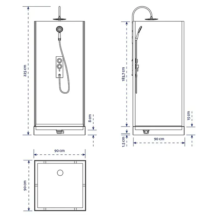 Aurlane Designdusche Metro 90 - 90 x 90 x 225 cm, Weiß/Schwarz/Silber - Abbildung einer Duschkabine mit den Maßen 90x90x225 cm, einer Höhe von 183,7 cm und Details wie 8 cm Sockel und 15 cm Duschkopfhöhe.